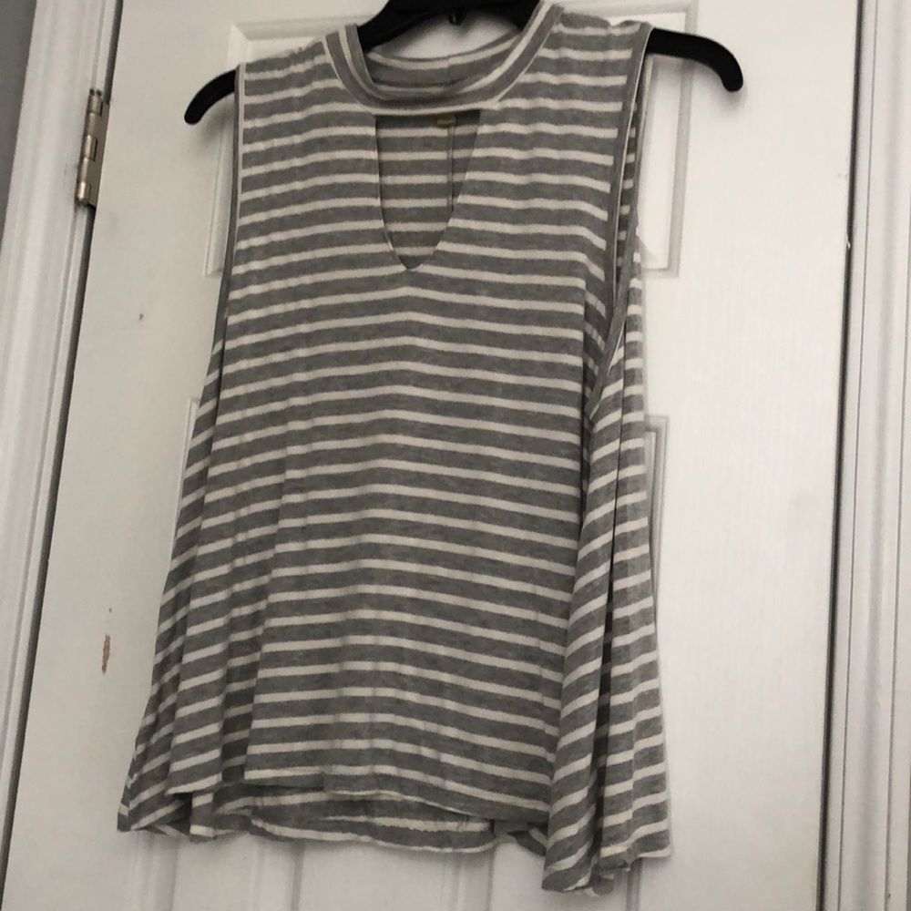 gray and white striped top